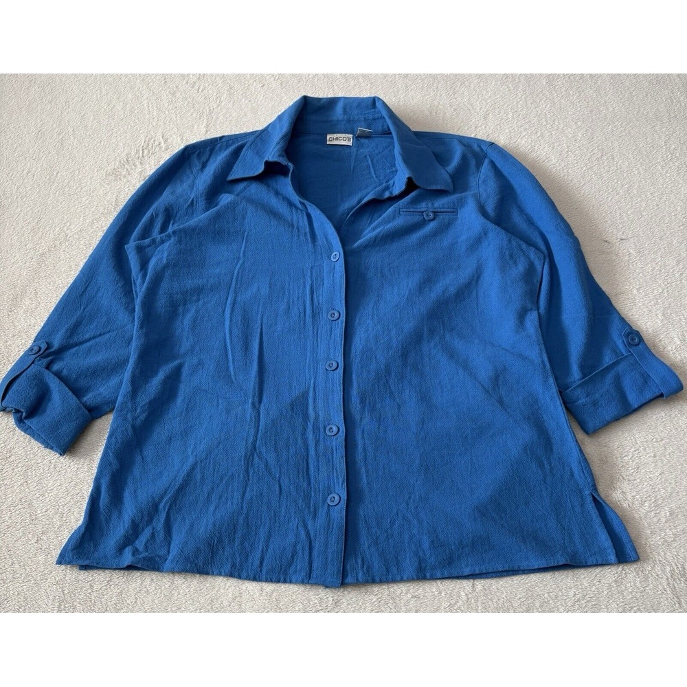 Chicos Women's Size 2 Tunic Button Shirt Single Breast Pocket Sleeve Garter Blue